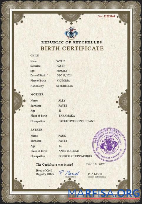 Printable Seychelles vital record birth certificate PSD template